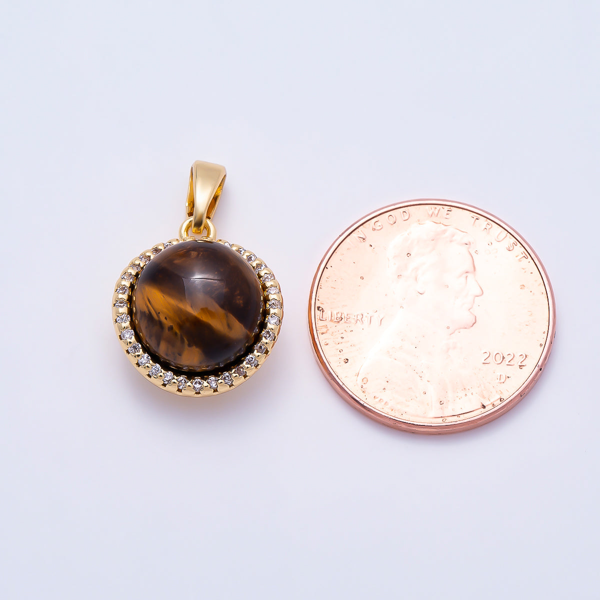 16K Gold Filled 15mm Micro Paved CZ Tiger Eye Cabochon Round Gemstone Pendant | Charms-01558