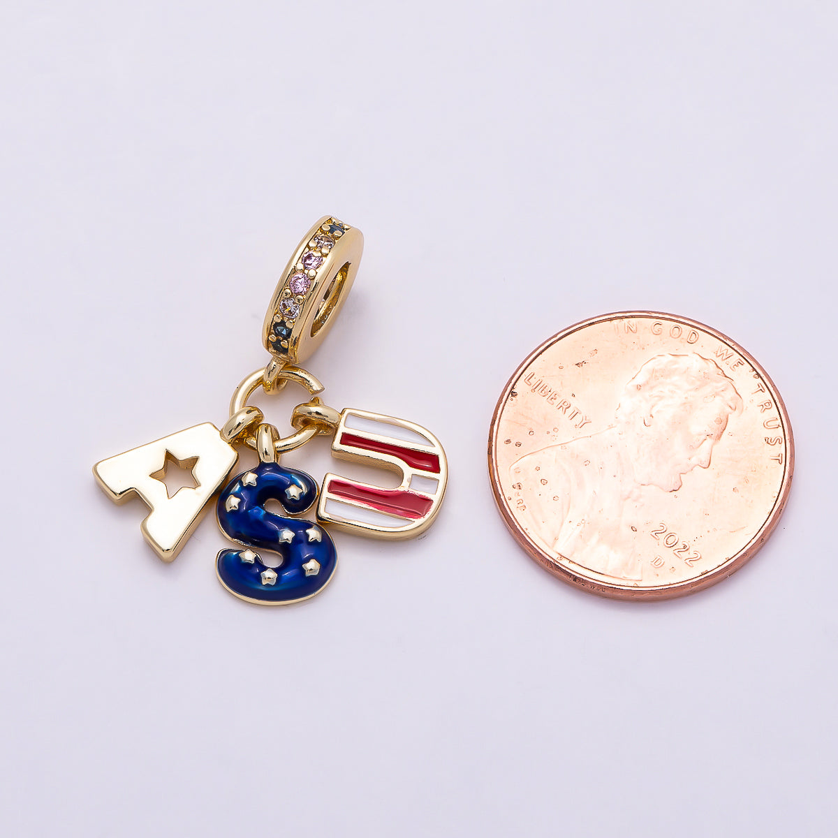 16K Gold Filled 25mm Clear CZ Letter USA Flag Enamel Pendant | Charms-00962