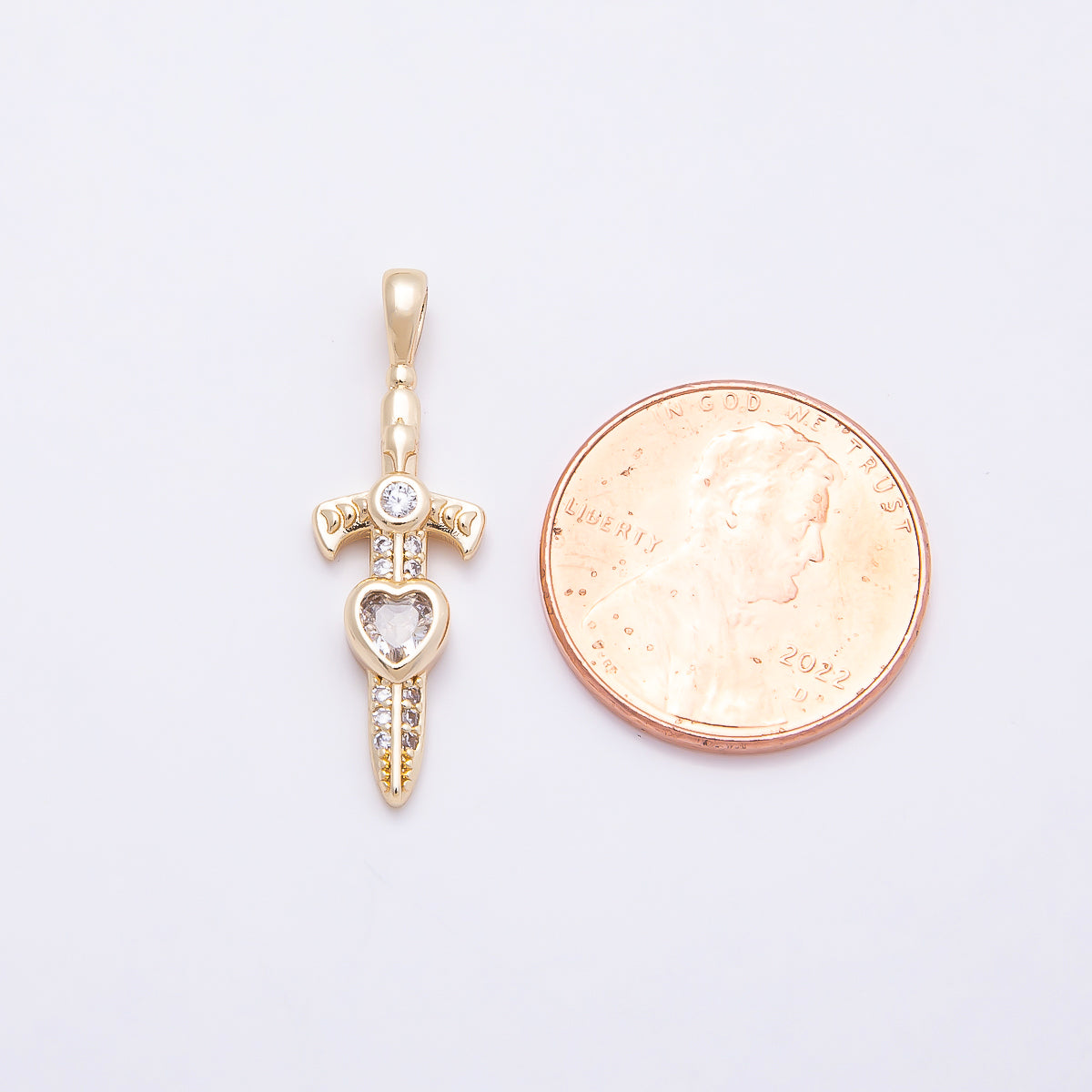 16K Gold Filled 27mm Clear Heart CZ Religious Cross Sword Pendant | Charms-01042