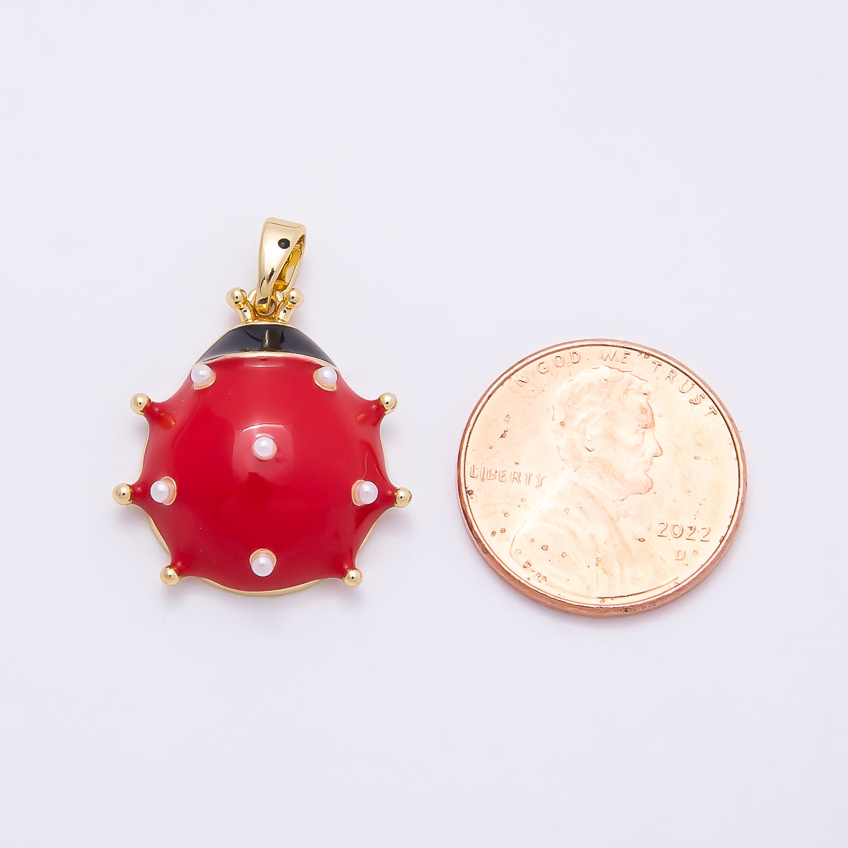 16K Gold Filled 21mm Red Enamel Shell Pearl Dotted Lady Bug Insect Animal Pendant | Charms-01038