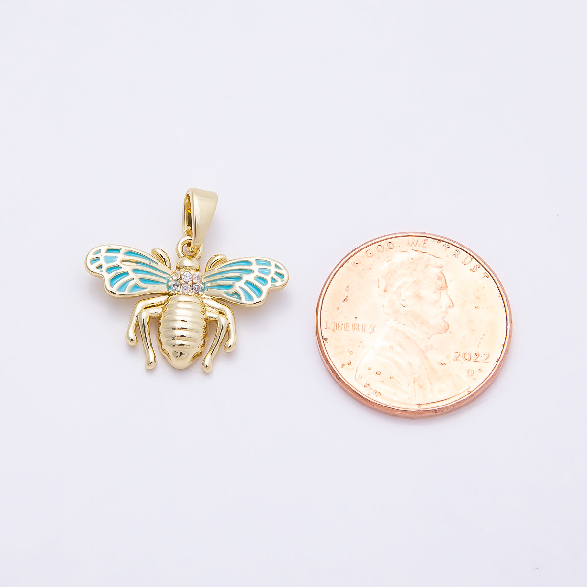 16K Gold Filled 14mm Micro Paved CZ Blue Enamel Bumble Bee Insect Pendant | Charms-00951