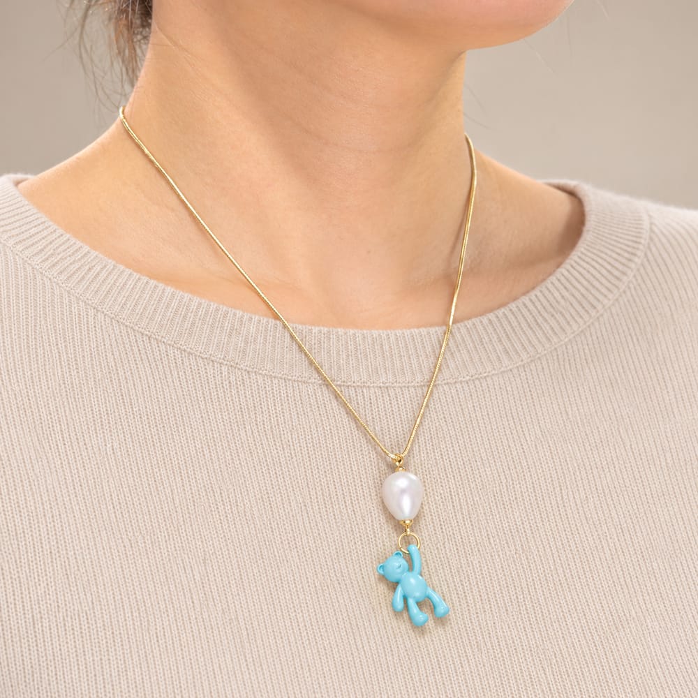 16K Gold Filled 44mm Blue Enamel Bear Baroque Freshwater Pearl Drop Charm | Charms-02598