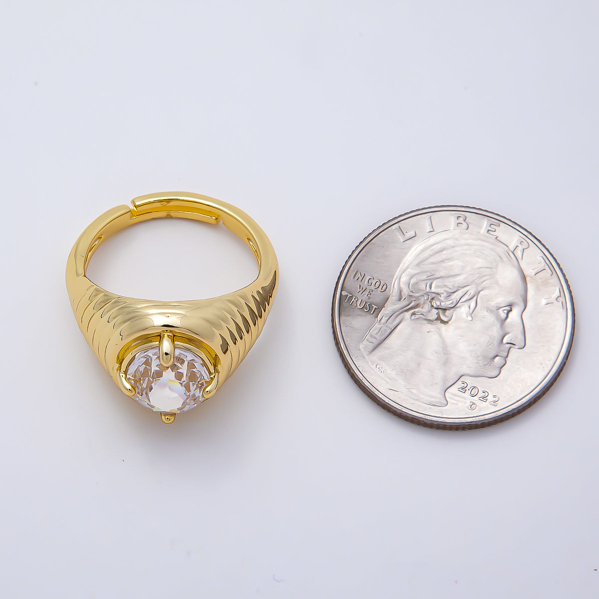 16K Gold Filled Clear CZ Round Solitaire Ribbed Signet Ring | Rings-00169