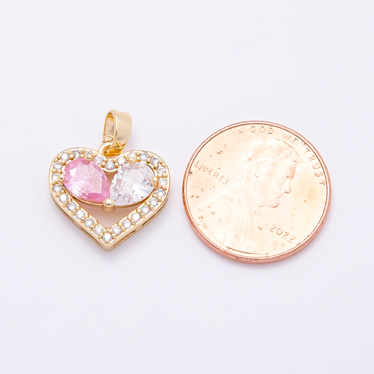 16K Gold Filled 15mm Pink Clear Micro Paved CZ Teardrop Open Heart Pendant | Charms-01043