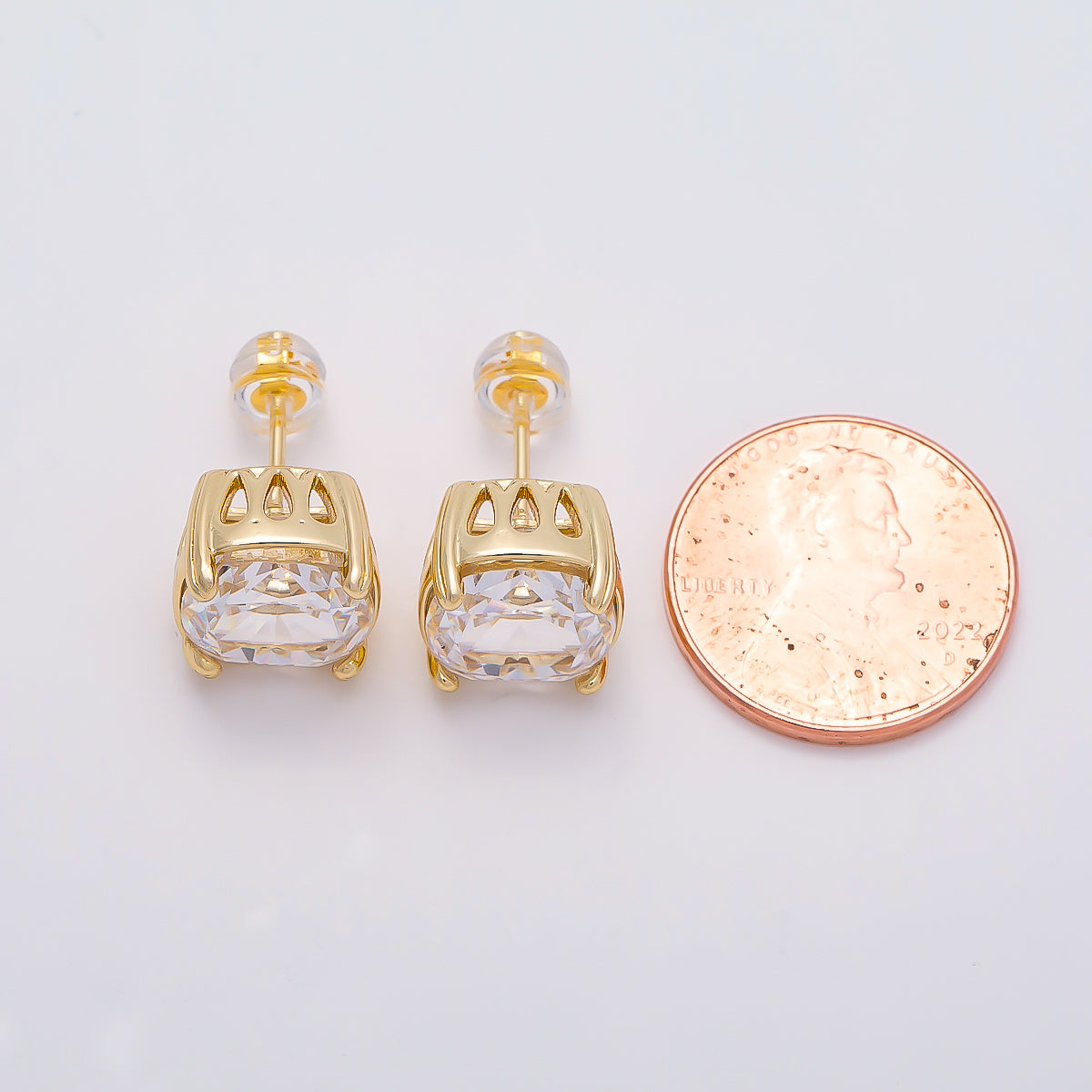 16K Gold Filled 11mm Clear CZ Rounded Square Baguette Prong Stud | Earrings-00692