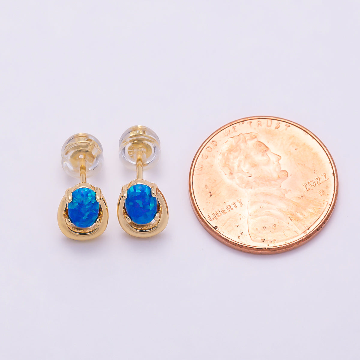 16K Gold Filled 14mm White, Blue Opal Gemstone Open Bezel Stud Earrings | Earrings-00460 Earrings-00461