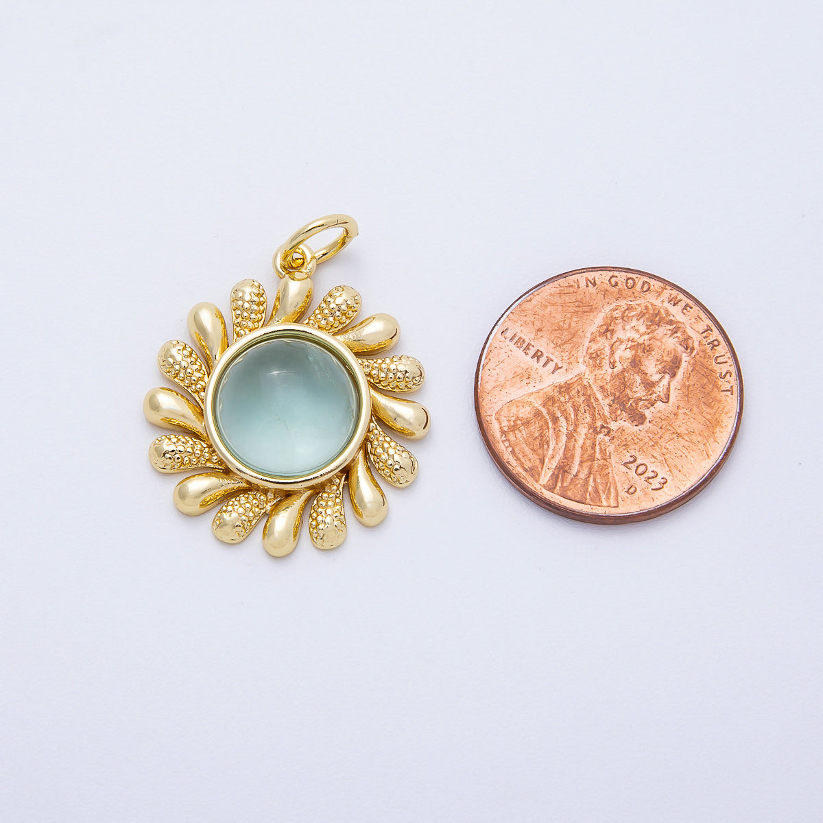 16K Gold Filled 23mm Aquamarine, Citrine Cabochon Gemstone Celestial Sun Ray Charm | Charms-00693 Charms-00694