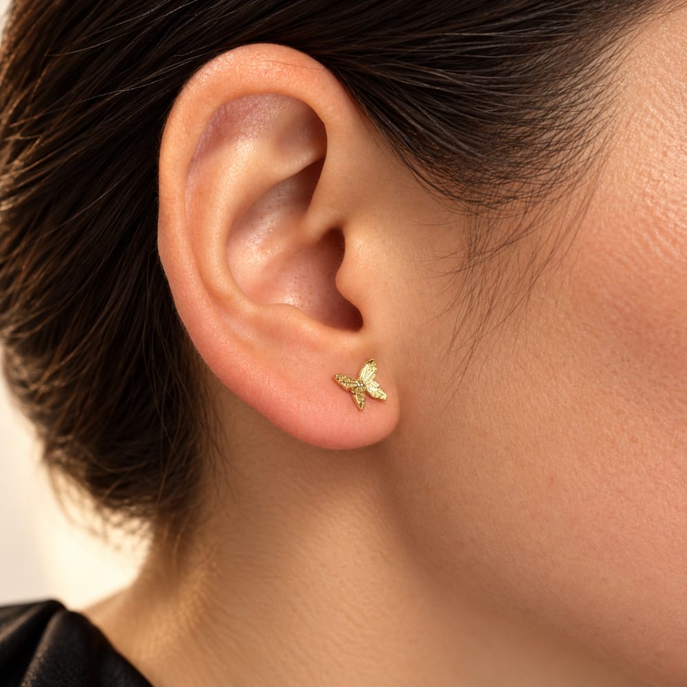 16K Gold Filled 8mm Clear CZ Butterfly Textured Stud Earrings | Earrings-01268