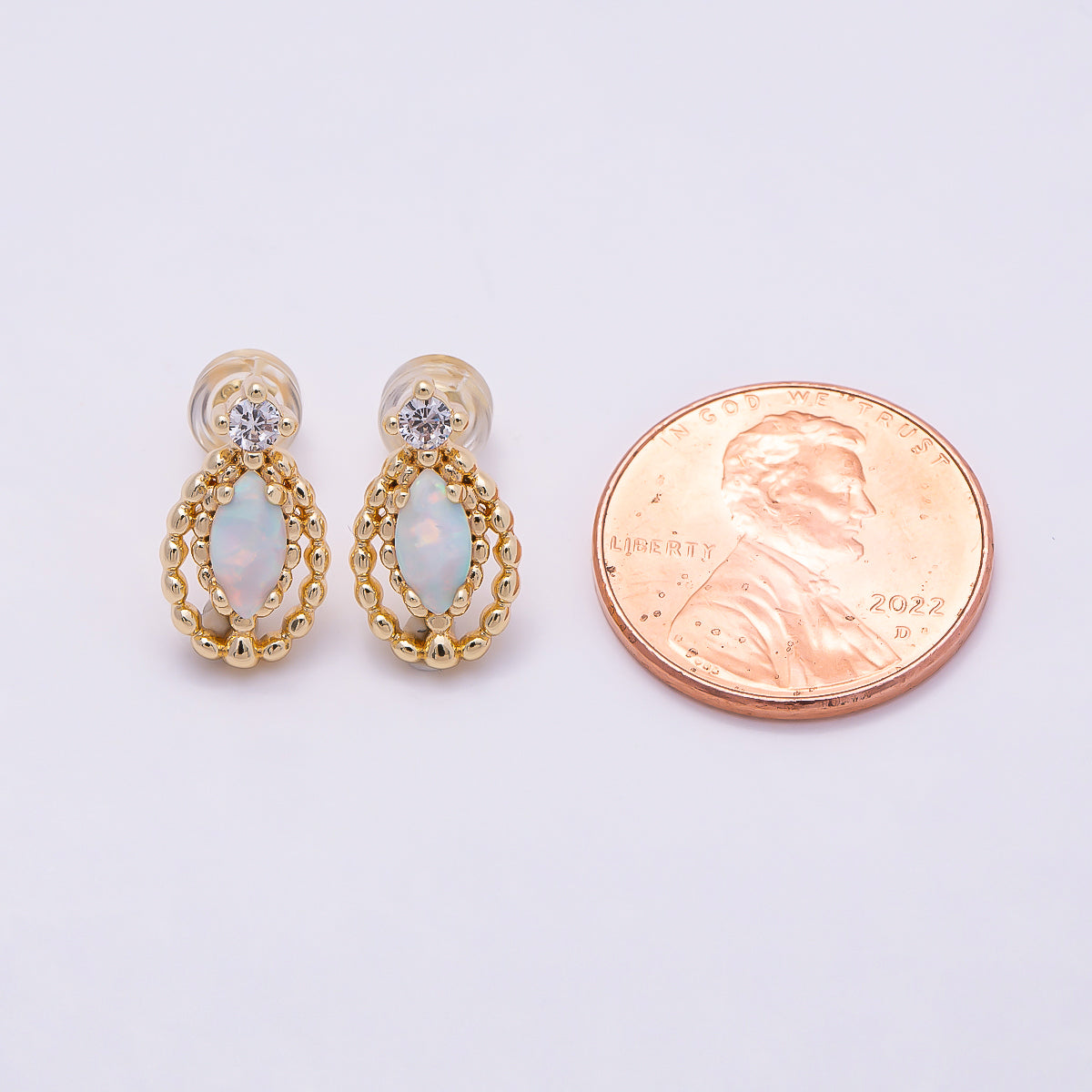 16K Gold Filled 14mm CZ Opal Navette Double Dotted Geometric Stud Earrings | Earrings-00459