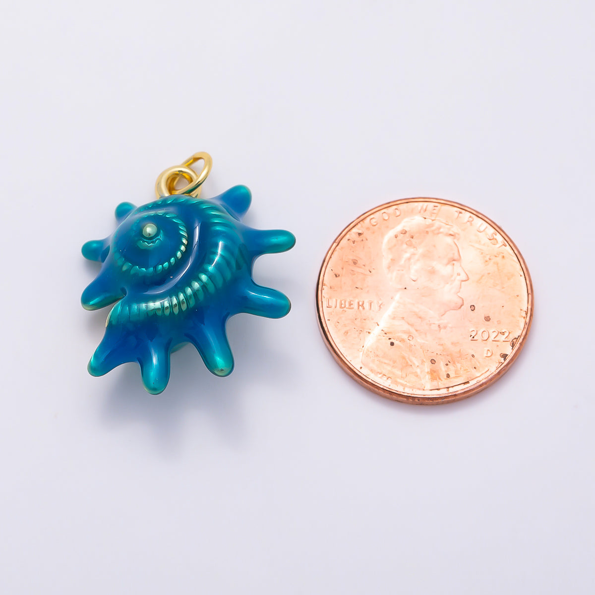 16K Gold Filled 23mm White, Blue Enamel Natural Conch Sea Shell 3D Multidimensional Charm | Charms-01506