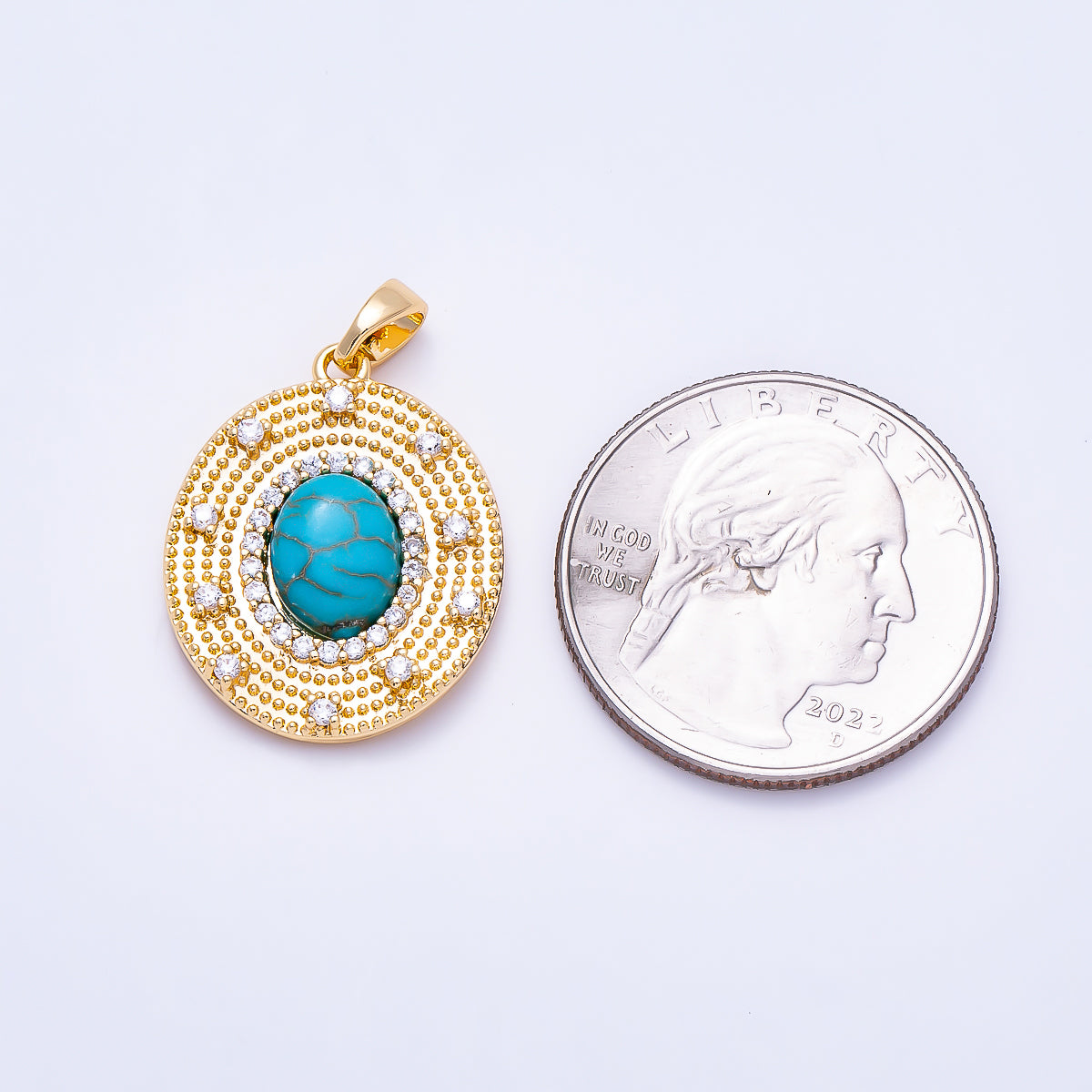 16K Gold Filled 23mm Turquoise, Tiger Eye Cabochon Micro Paved CZ Dotted Oval Pendant | Charms-01495 Charms-01496