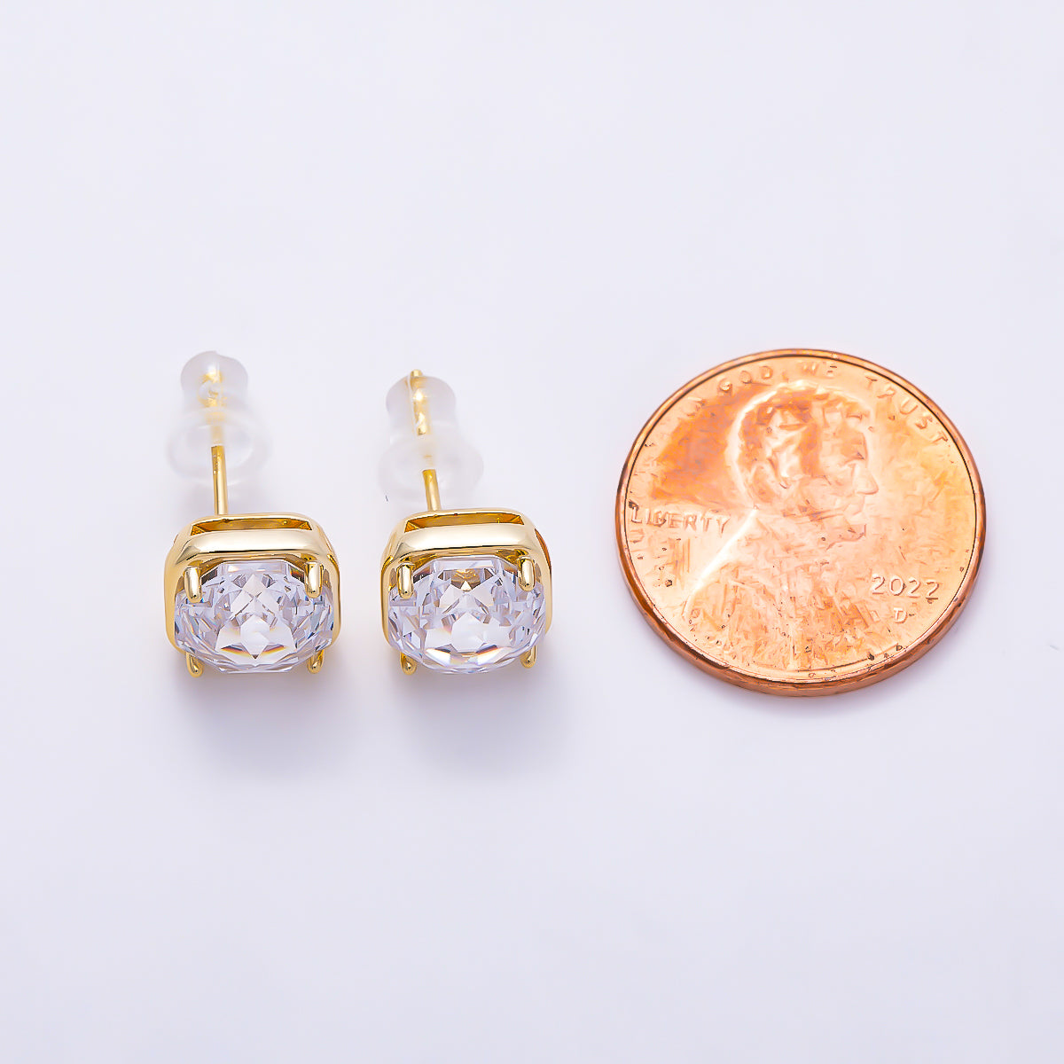 16K Gold Filled 10mm Clear CZ Rhombus Framed Radiant Solitaire Stud Earrings in Gold & Silver | Earrings-00765 - Earrings-00766