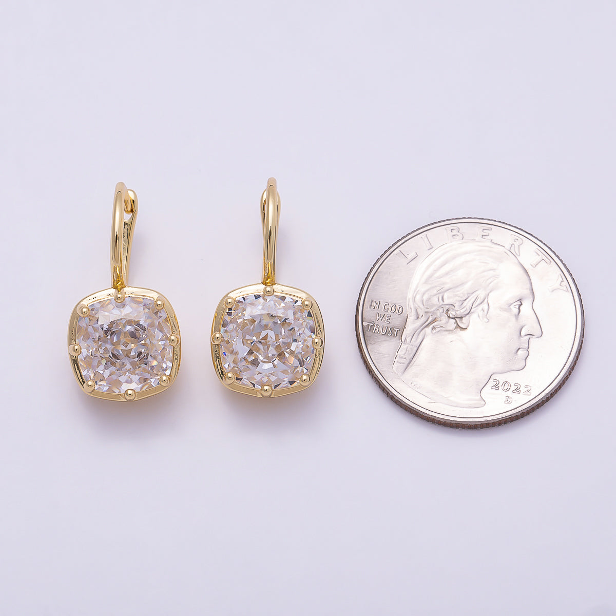 16K Gold Filled 23mm Clear CZ Rounded Square Drop Hoop Earrings | Earrings-00411