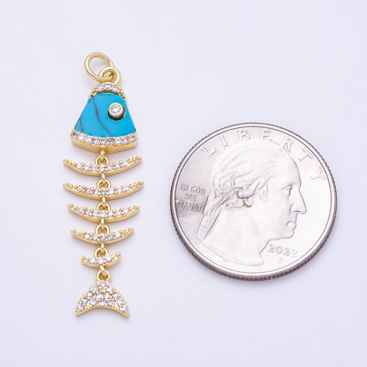 16K Gold Filled 38mm Turquoise, Shell Pearl, Malachite, Onyx, Carnelian Micro Paved CZ Fish Skeleton Charm | Charms-01447 ~ Charms-01451