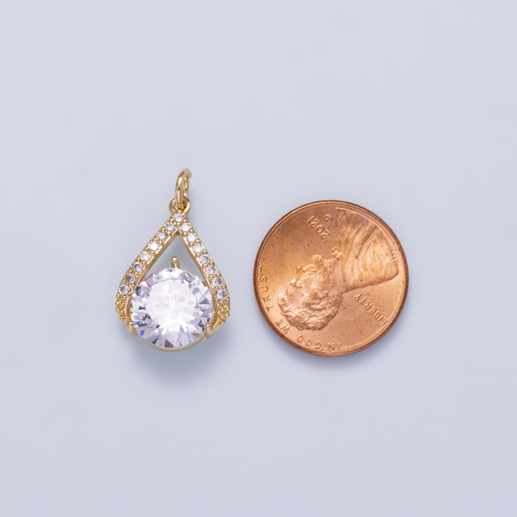 16K Gold Filled 19mm Clear CZ Round Micro Paved Teardrop Open Solitaire Charm | Charms-01267