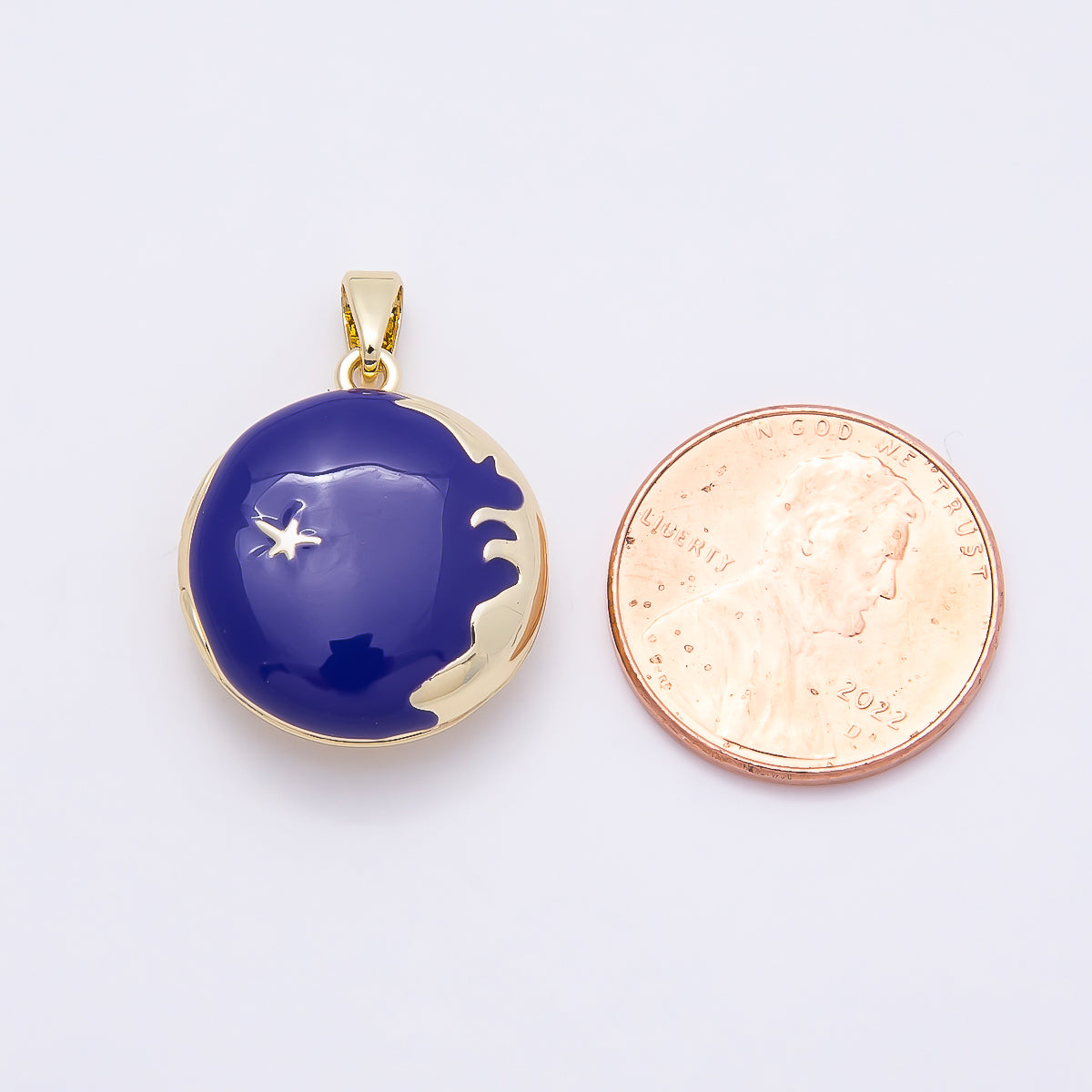 16K Gold Filled 20mm Blue Enamel Star Sky Round Locket Pendant | Charms-01030