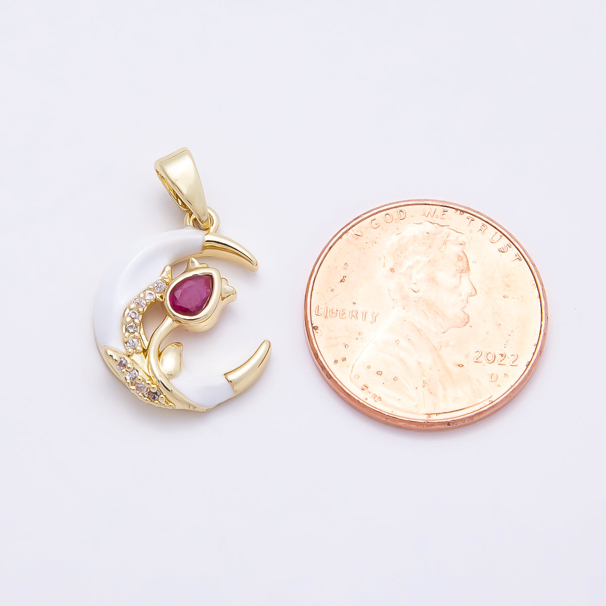 16K Gold Filled 17mm Fuchsia CZ Micro Paved Flower White Crescent Moon Pendant | Charms-00947