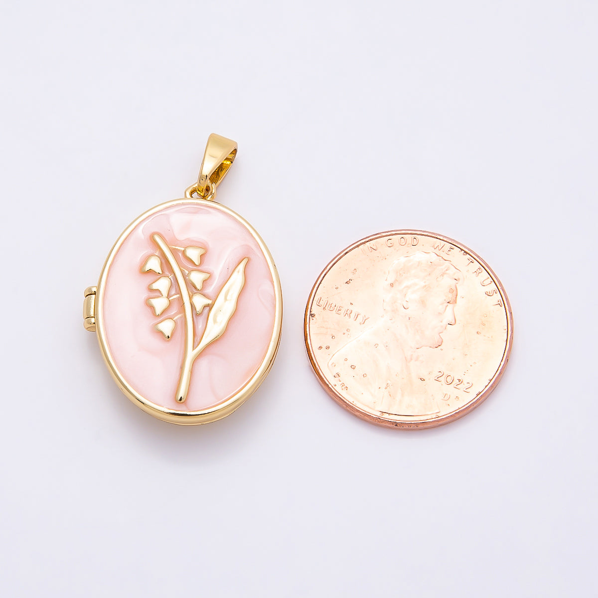 16K Gold Filled 24mm Pink, White Glitter Enamel Flower Oval Locket Pendant | Charms-01031 Charms-01032