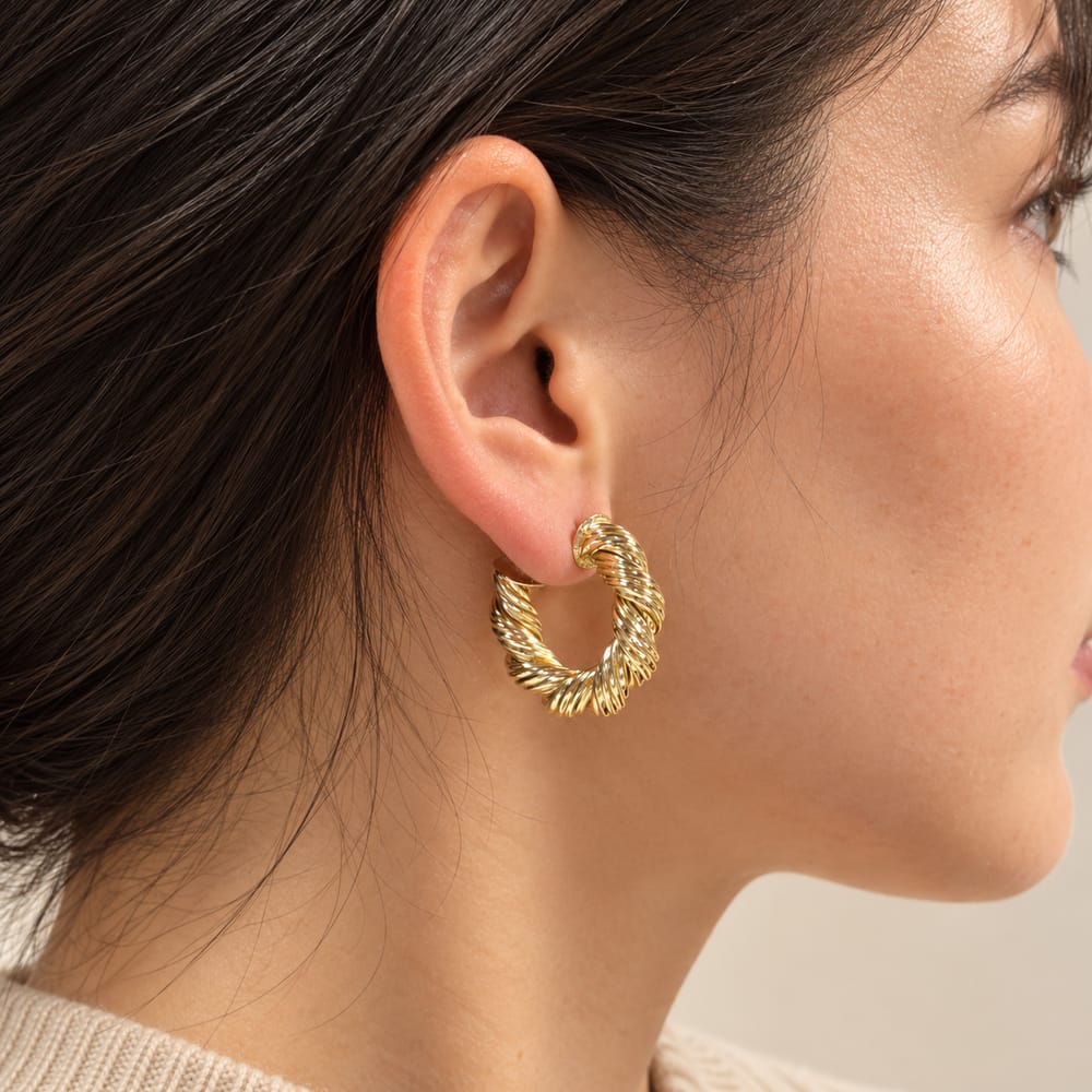 16K Gold Filled 30mm Minimalist Twist Croissant C-Shaped Hoop Earrings | Earrings-01267