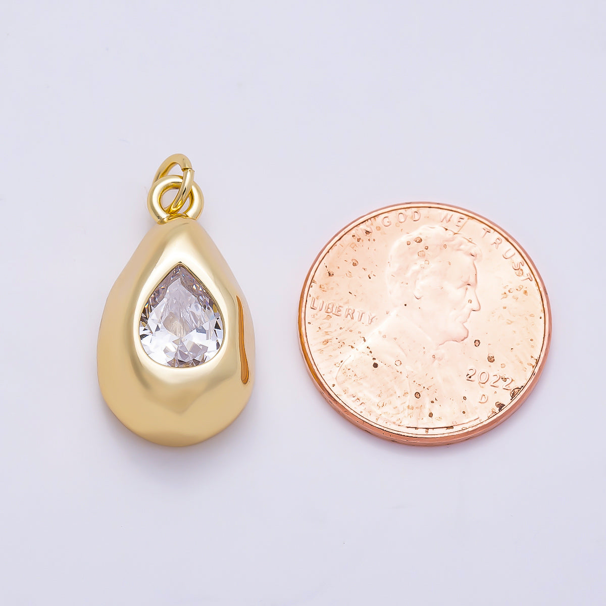 16K Gold Filled 20mm Clear CZ Teardrop Geometric Molten Bezel Chubby Charm | Charms-01355