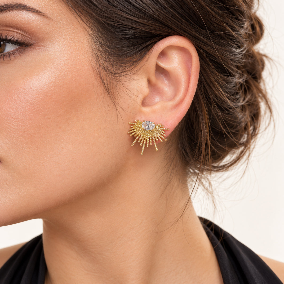 16K Gold Filled 20mm Clear CZ Oval Rope Geometric Sunburst Stud | Earrings-01262