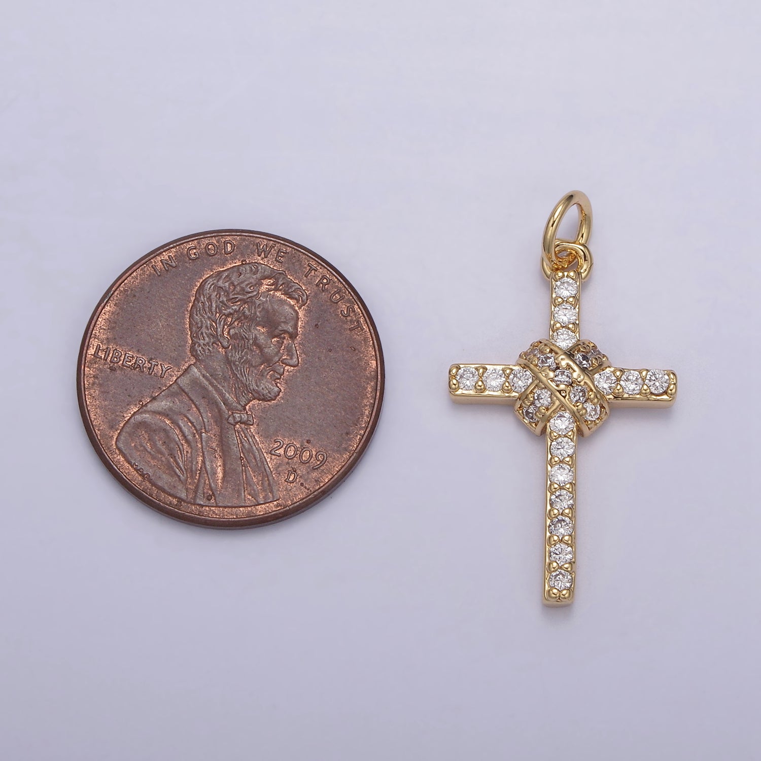 Dainty Bound Cross Charm 16K Gold Filled Cross Pendant with Clear Cubic Zirconia Micro Pave Religious Jewelry Making N-856