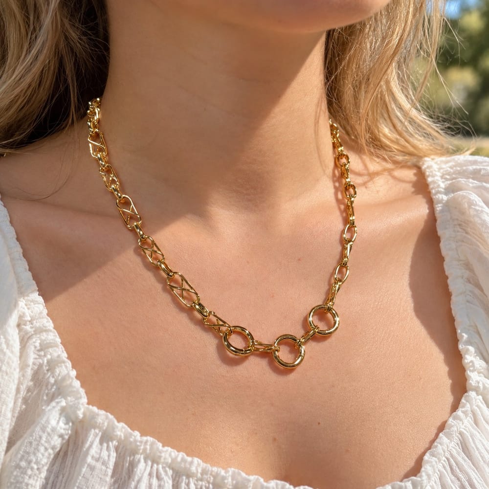 16K Gold Filled 5mm Triple Push Gate Charm Connector Holder Ring Geometric Chain 19 Inch Necklace | WA-02328