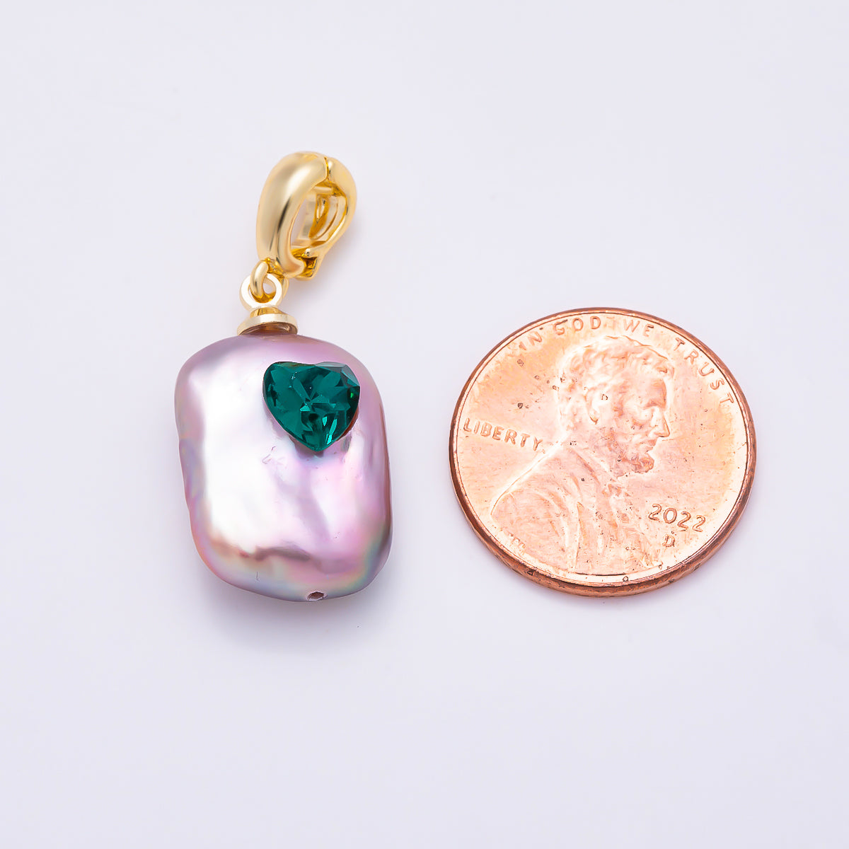 16K Gold Filled 22mm Green CZ Heart Embedded Purple Freshwater Pearl Charm | Charms-01632