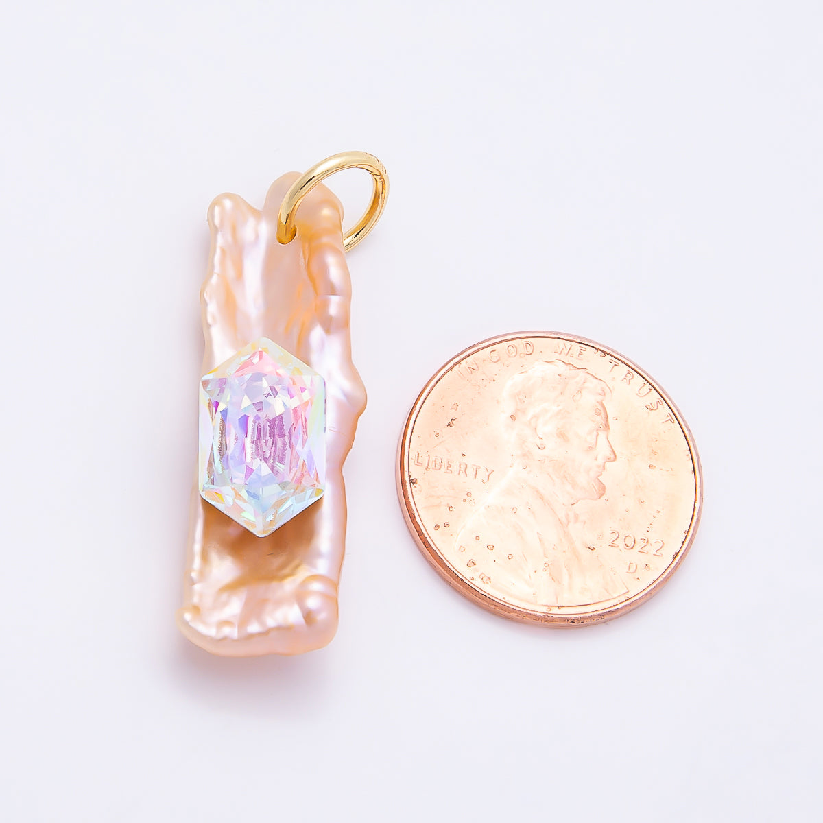 18K Gold Filled 30mm Hexagon CZ Biwa Baroque Freshwater Pearl Charm | Charms-00943 ~ Charms-00945