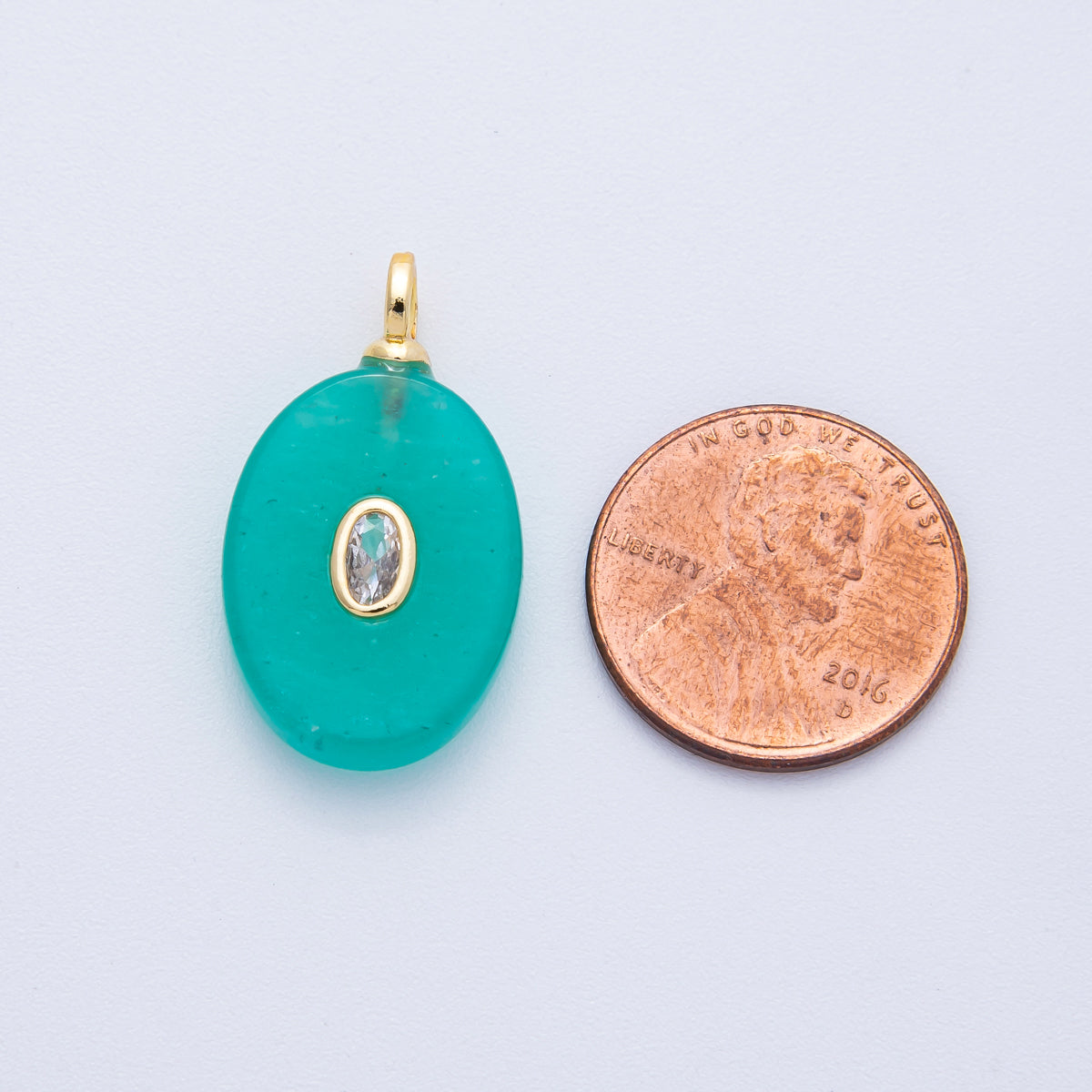18K Gold Filled Orange, Teal 27mm CZ Embedded Natural Gemstone Oval Geometric Charm | AK207