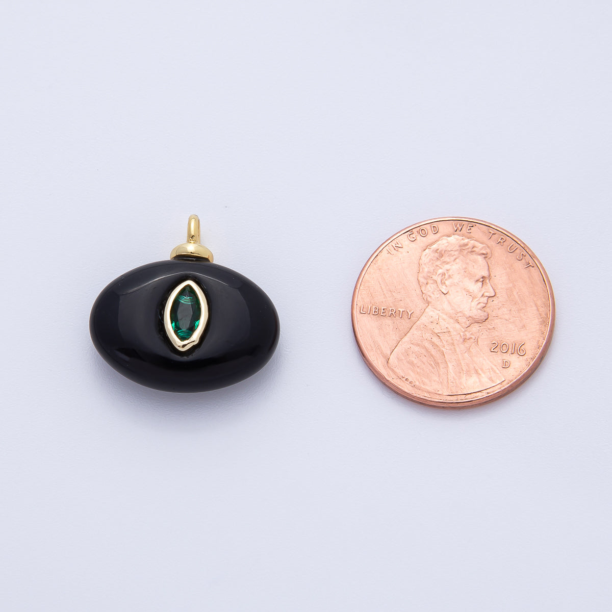 18K Gold Filled 18mm Emerald Green Oval CZ Embedded Oval Black Agate Gemstone Drop Charm | AF1389