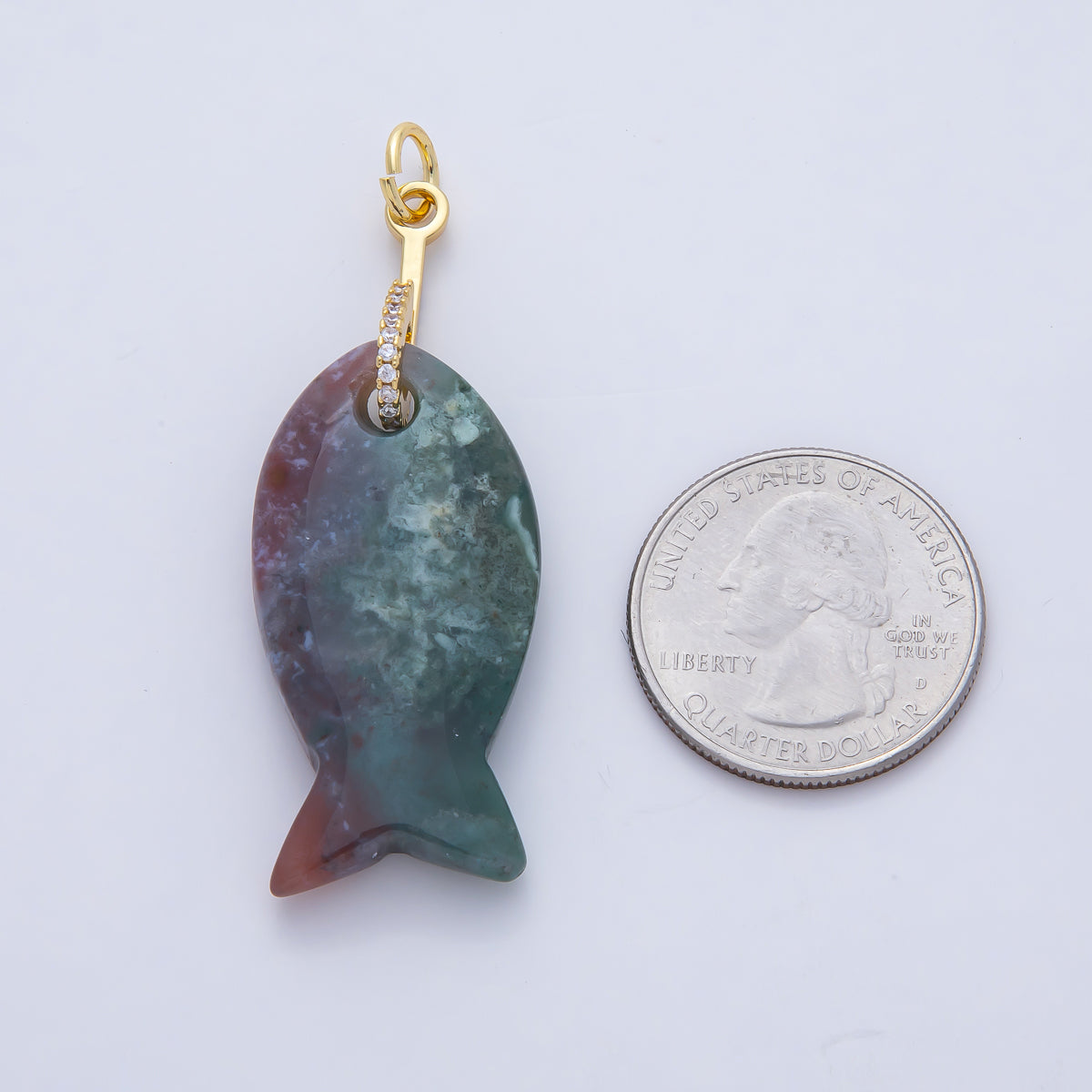 18K Gold Filled 51mm Quartz, Agate, Jasper, Topas Gemstone Fish Charm with CZ Charm | AK001