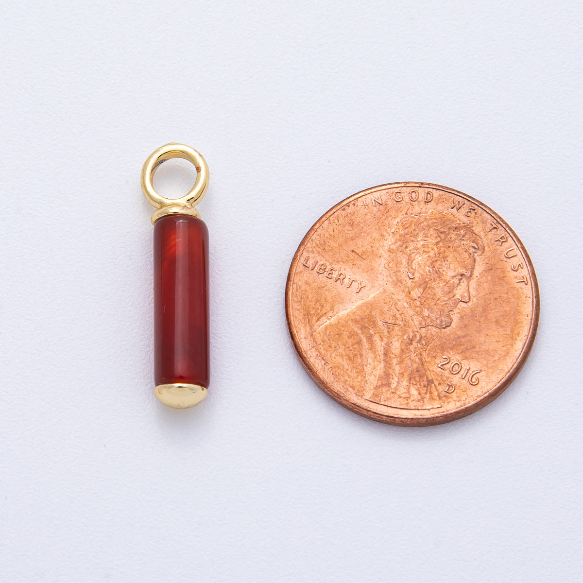 18K Gold Filled 20mm Red Carnelian Gemstone Cylinder Tube Drop Charm | AK148