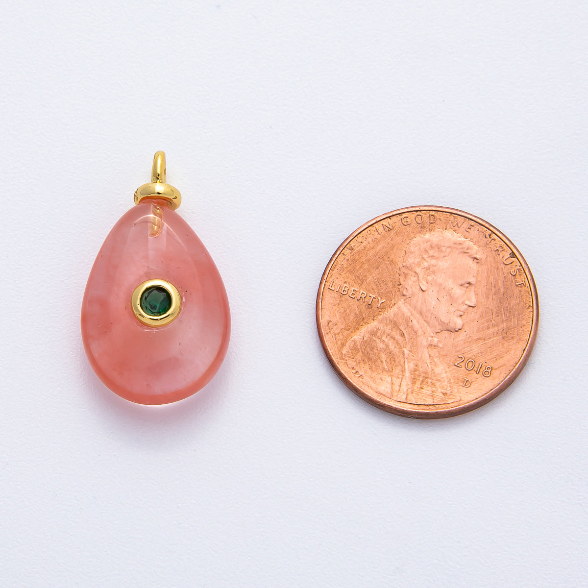 18K Gold Filled 23mm Green CZ Round Watermelon Quartz Teardrop Gemstone Charm | AF1370