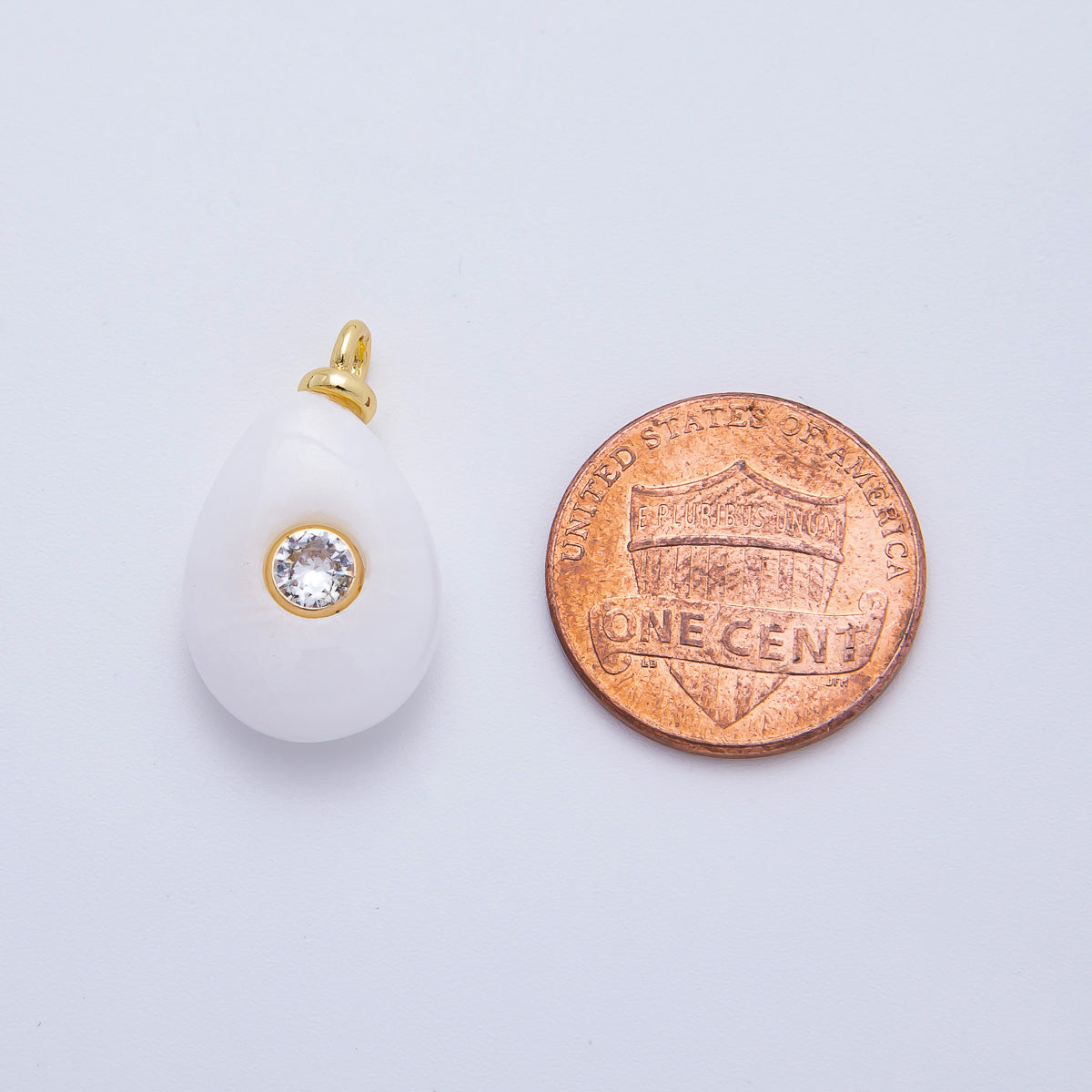 18K Gold Filled 23mm Clear CZ Round Embedded White Jade Teardrop Gemstone Charm | AF1322