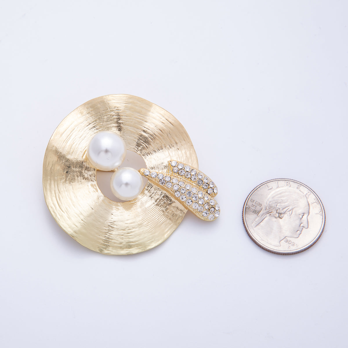 18K Gold Filled 55mm Micro Paved CZ Shell Pearl Hammered ring Brooch Pin | BH-022