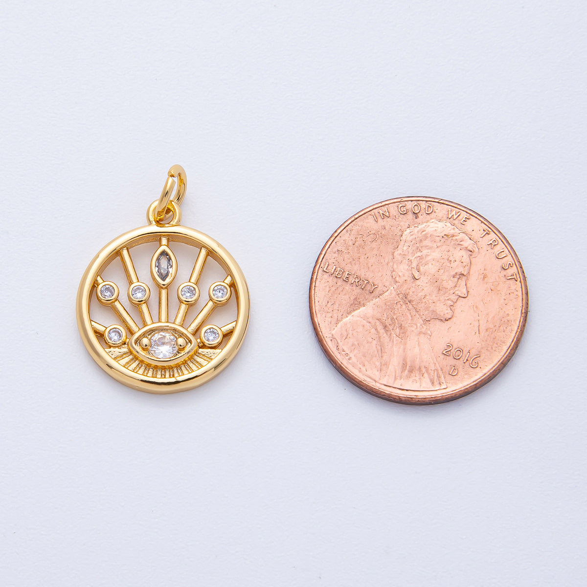 18K Gold Filled 18mm Sunburst Evil Eye CZ Round Charm | AK174