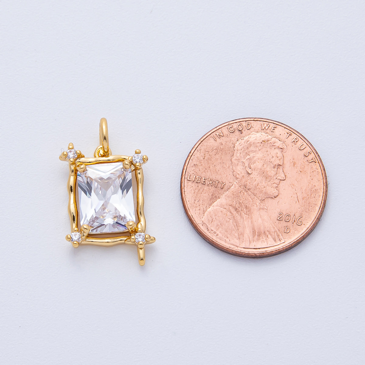 18K Gold Filled 16mm Clear CZ Baguette Molten Rectangular Bezel Charm | AK202