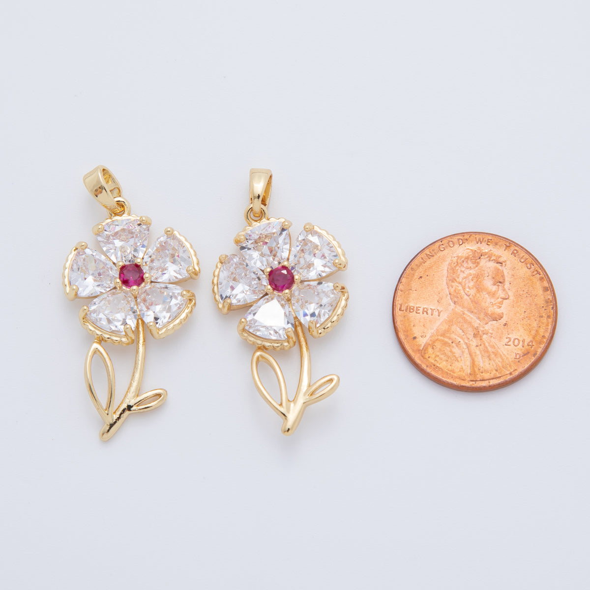 18K Gold Filled Pink, Clear CZ Flower Plant Pendant | AH778