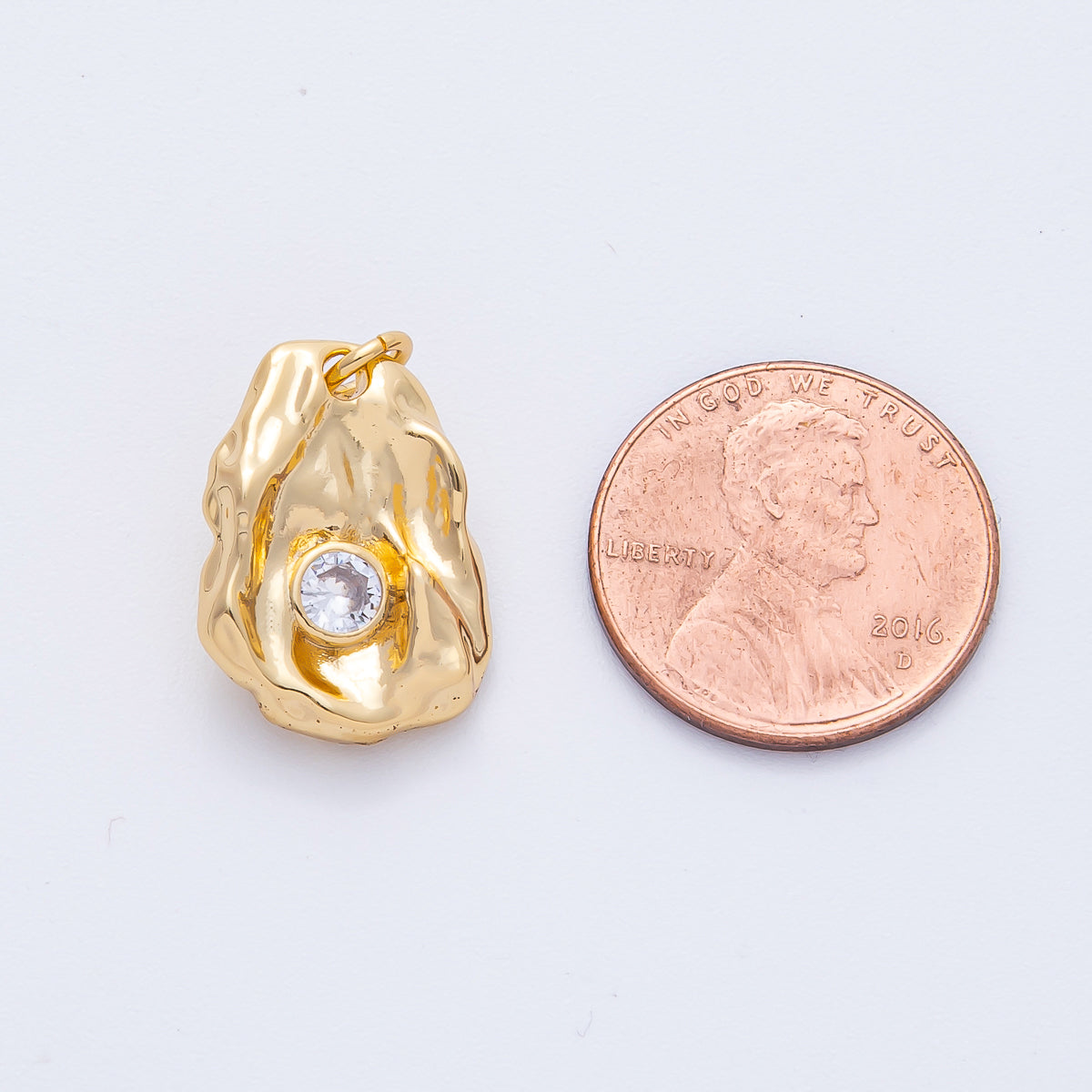 18K Gold Filled 18mm Clear Round CZ Hammered Molten Geometric Charm | AK197