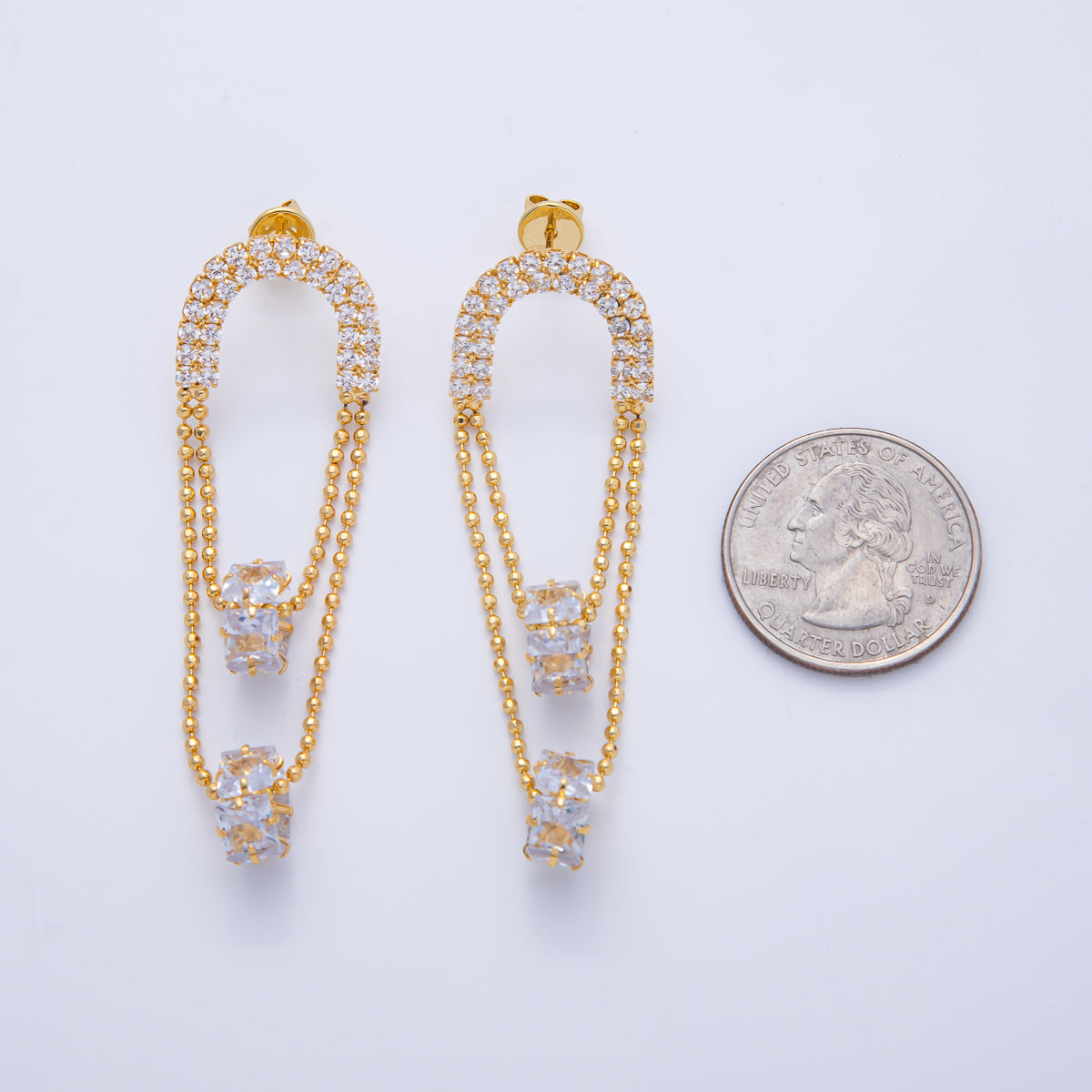 18K Gold Filled 63mm Clear CZ Micro Paved Rondelle Bead Geometric Drop Stud Earrings | T069