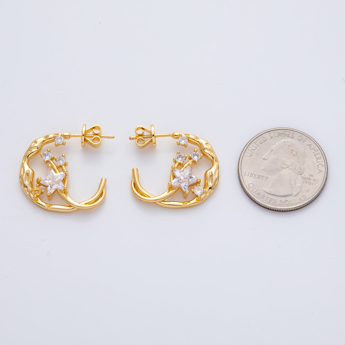18K Gold Filled 20mm Celestial Star CZ Molten C-Shaped Hoop Earrings | AD1615
