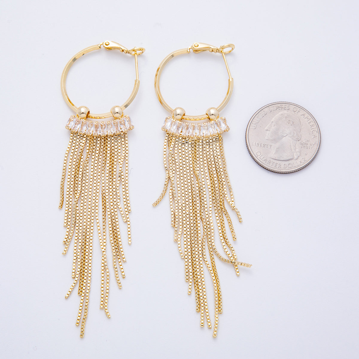 18K Gold Filled 76mm Clear Baguette CZ Box Chain Tassel C-Shaped Hinge Hoop Earrings | T013