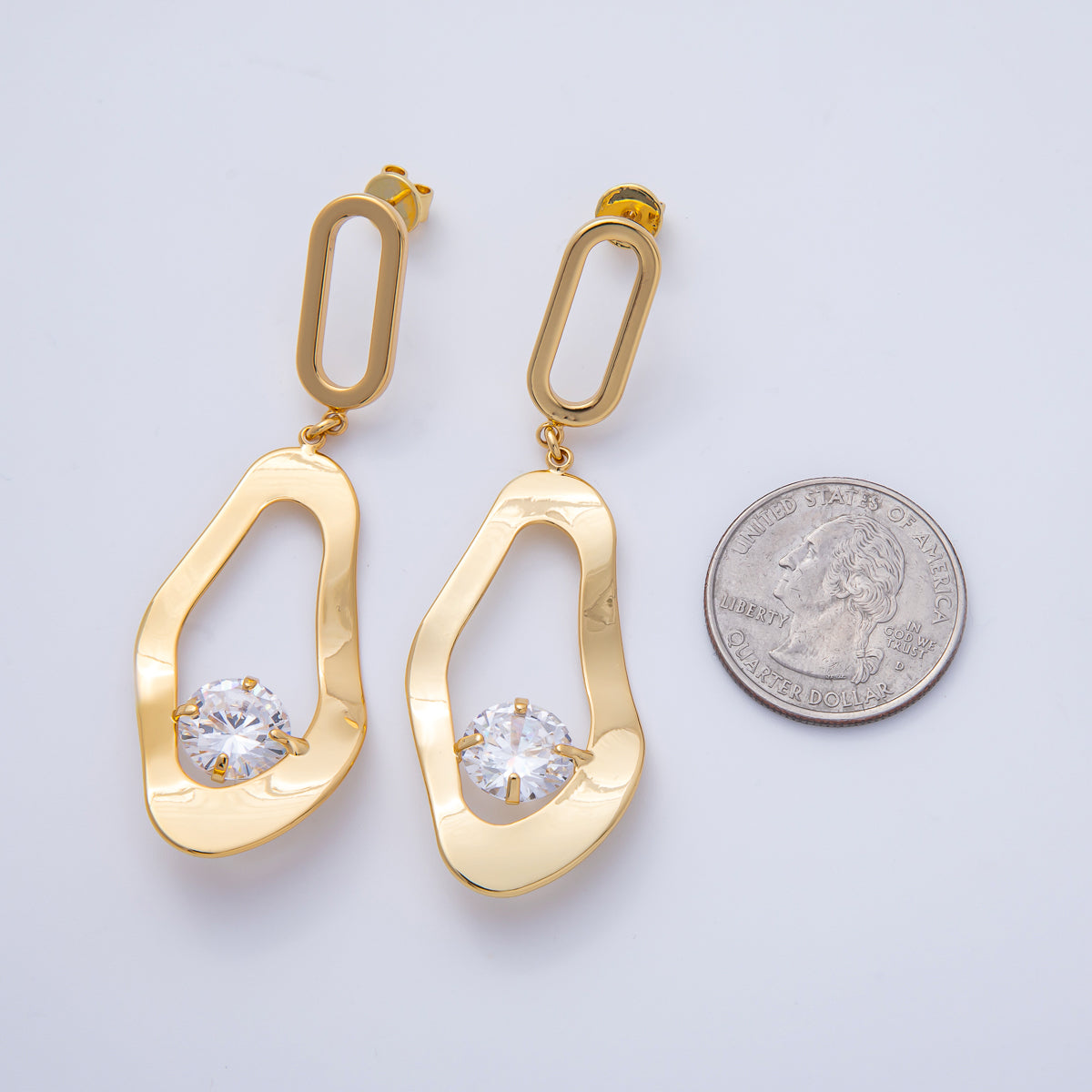 18K Gold Filled 68mm Clear CZ Hammered Paperclip Drop Stud Earrings | AE315