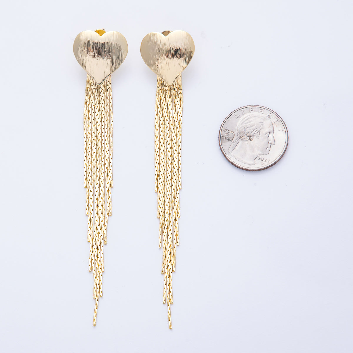 18K Gold Filled 106mm Textured Heart Snake Chain Fringe Drop Stud Earrings | T487