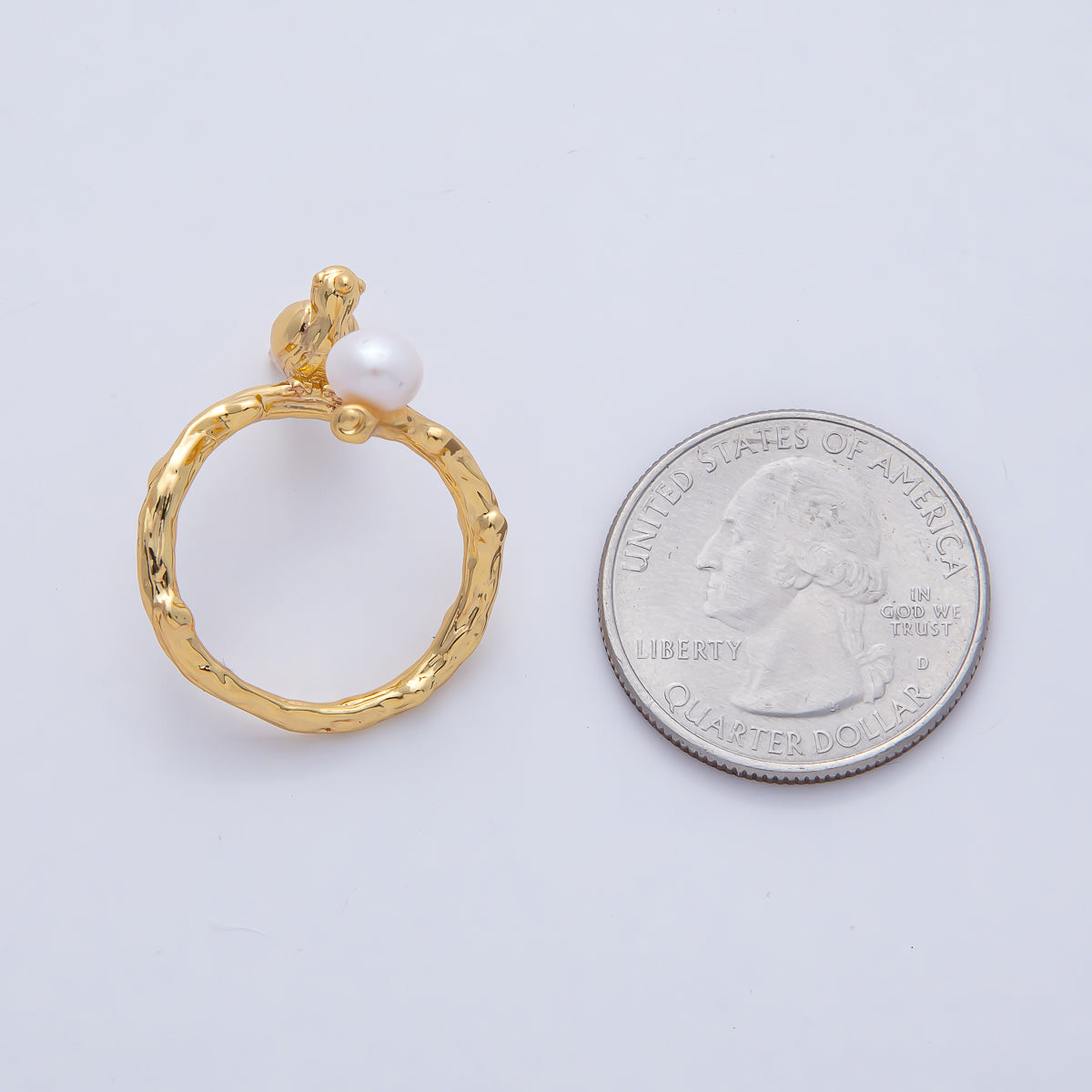 18K Gold Filled Bird on a Branch with Champagne and White Shell Pearl Nature Inspired Animal Adjustable Ring | O798