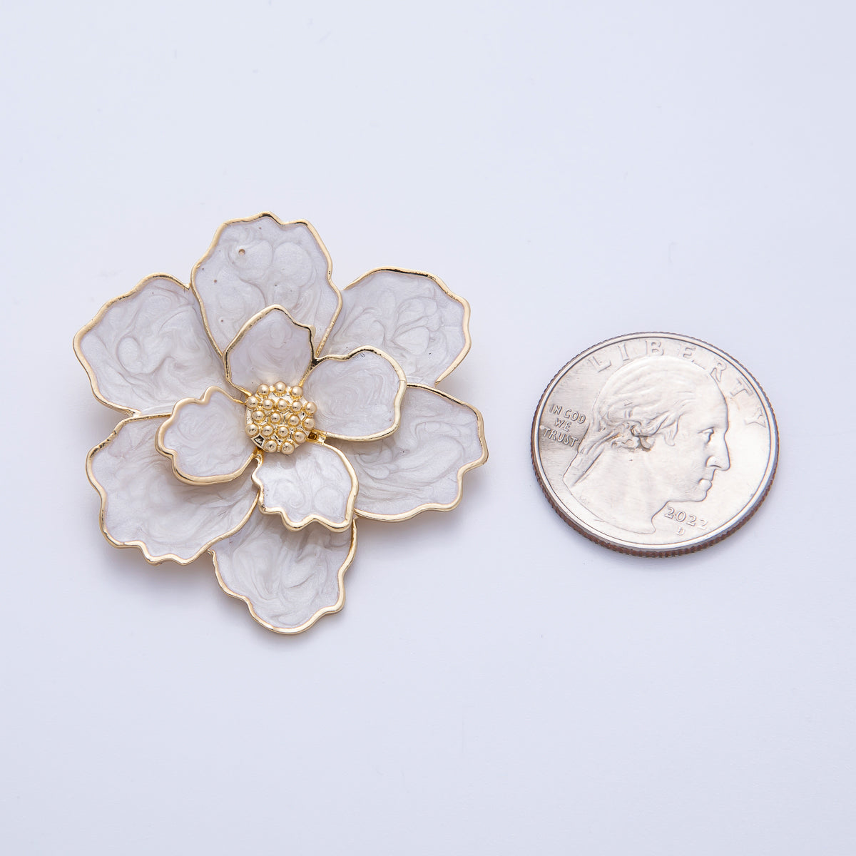 Gold 42mm x 34.5mm White Glitter Enamel Flower Pin Brooch | BH-071