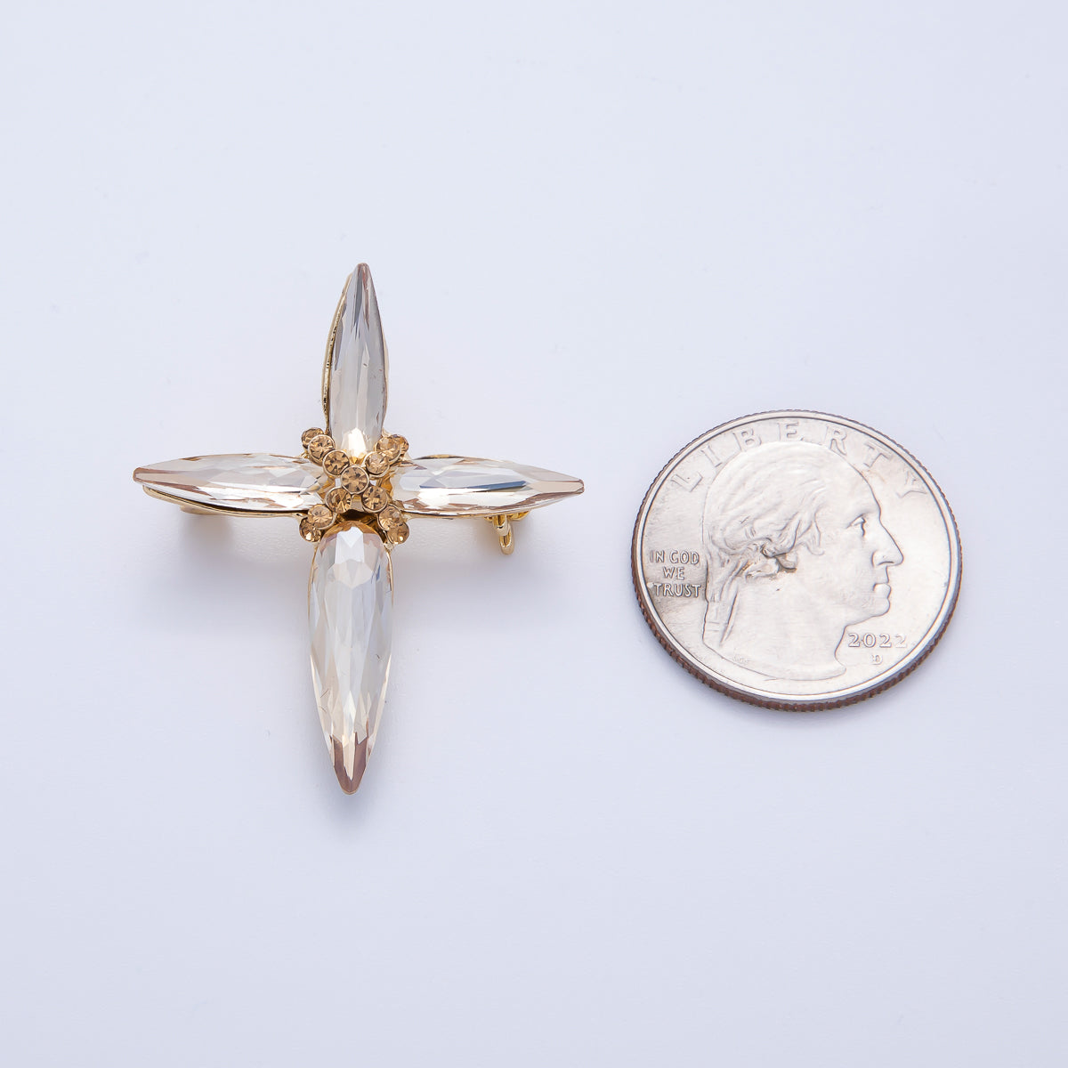 Gold 39mm x 33mm Marquise Rhinestone Tied Cross Pin Brooch | BH-056