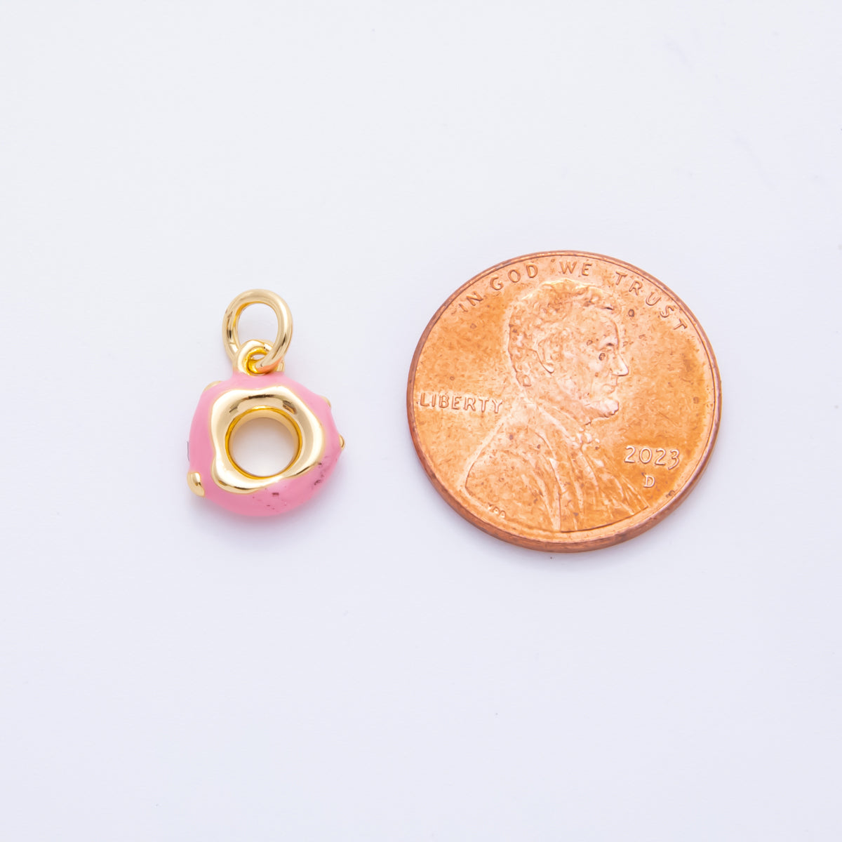 18K Gold Filled 14mm Pink Enamel Strawberry Donut 3D Multidimensional Charm | AH917