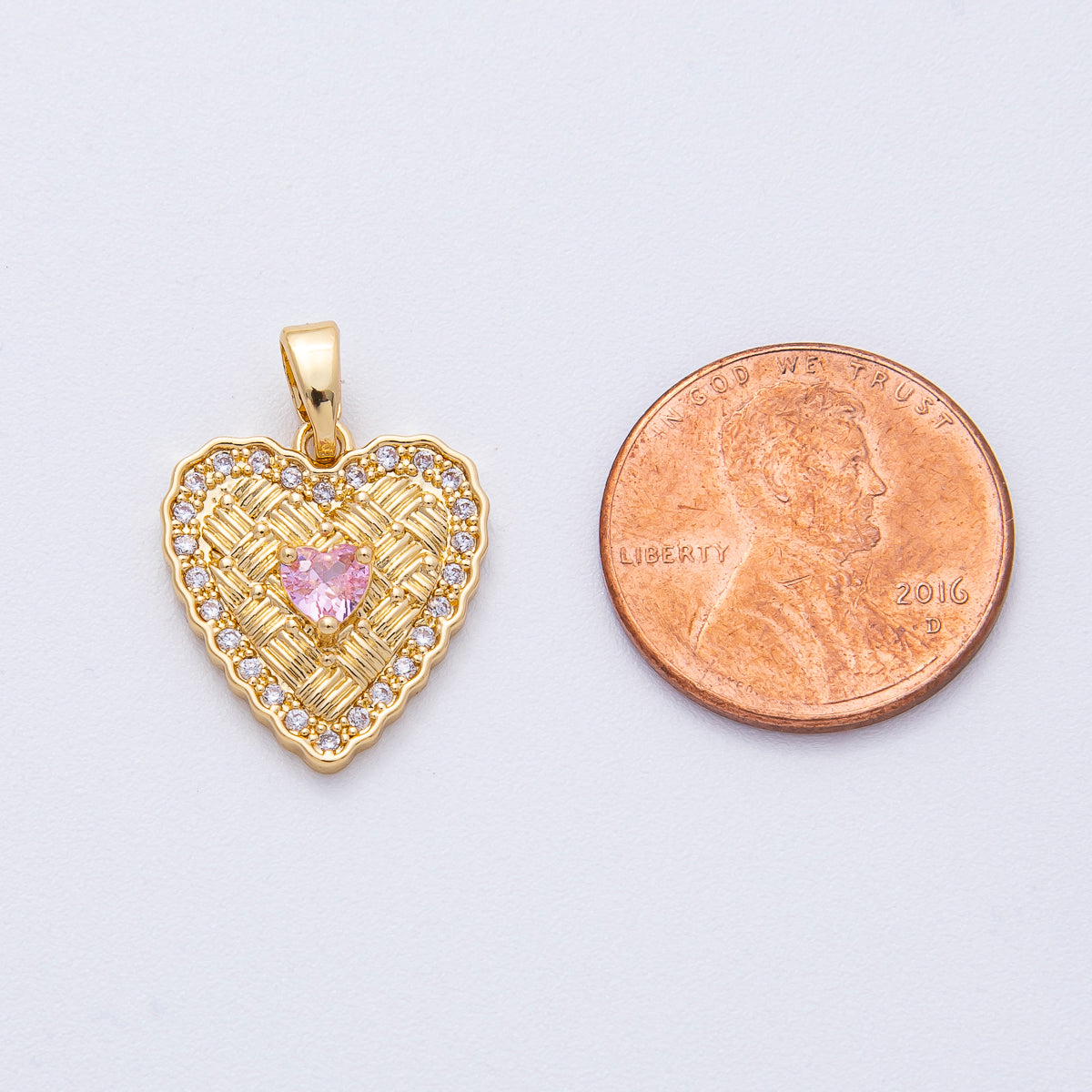 18K Gold Filled 16.5mm Pink CZ Woven Micro Paved CZ Heart Pendant | AF1236